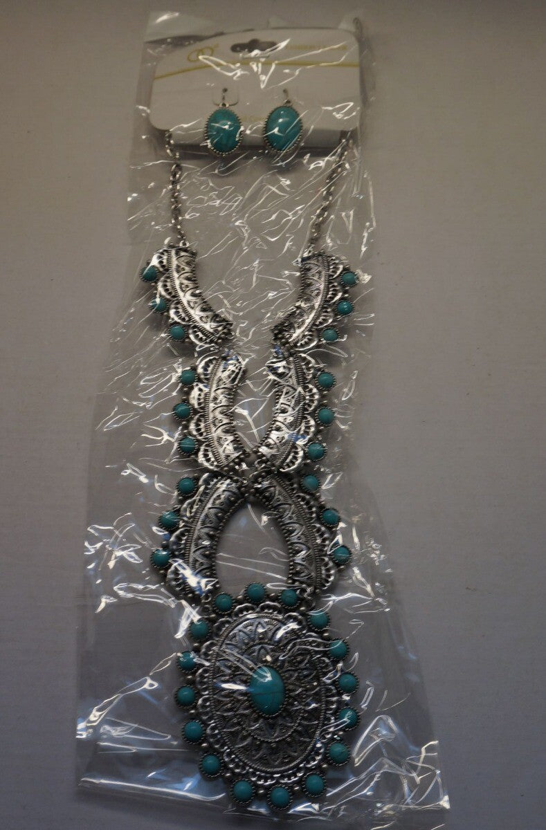 SET Western Indian Silver-tone Engraved filigree Necklaces Turquoise /Nof5