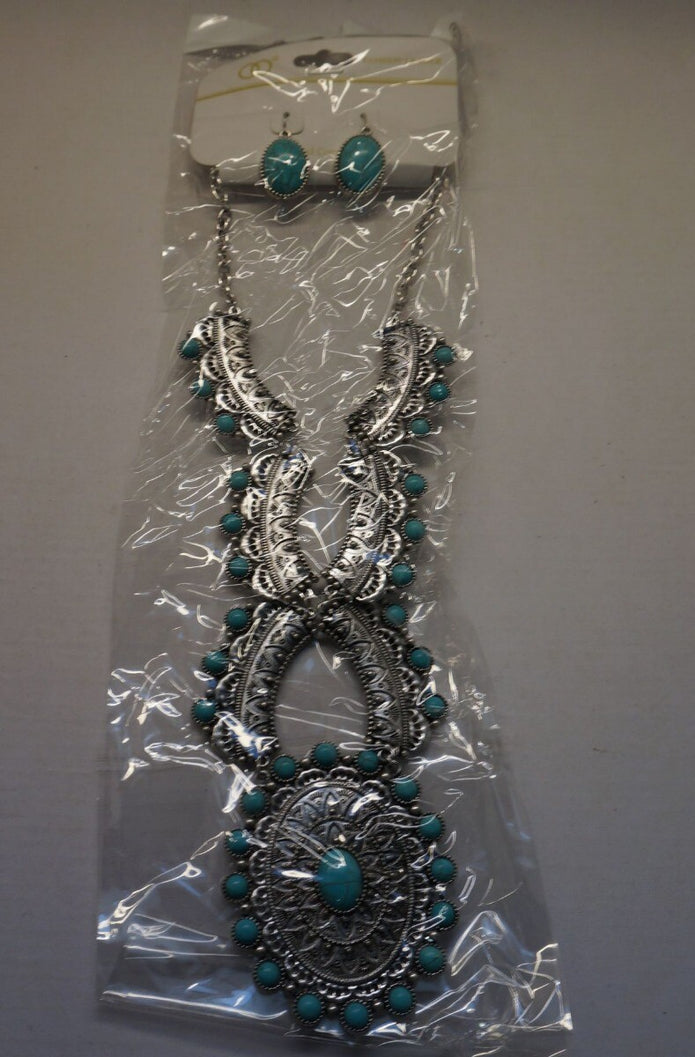 SET Western Indian Silver-tone Engraved filigree Necklaces Turquoise /Nof5