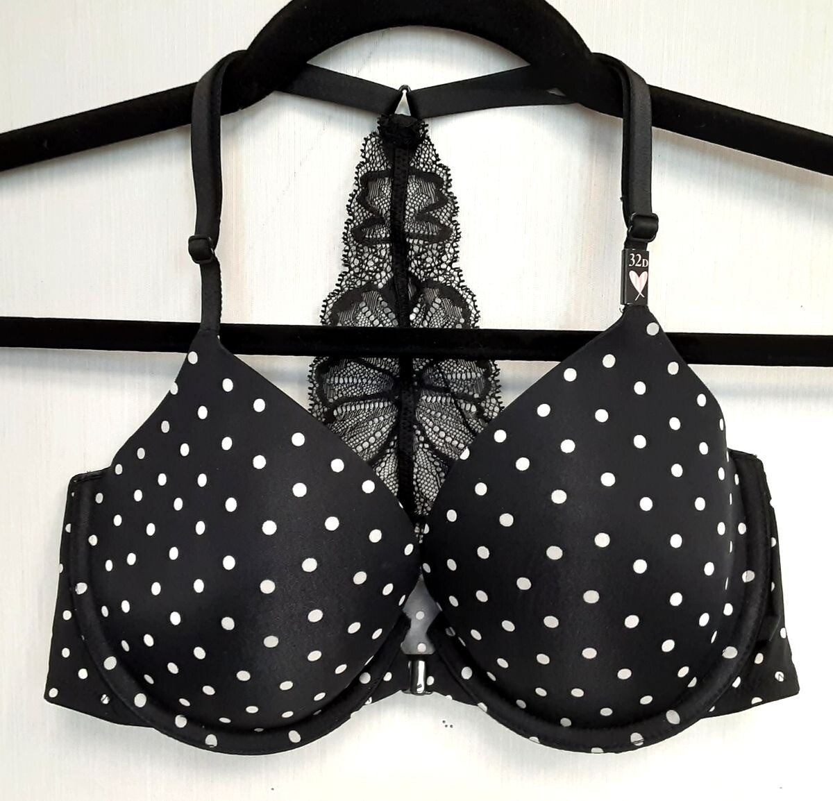 Victoria's Secret Racerback Lightly Lined demi Bra 32D Black polka dot #55/220