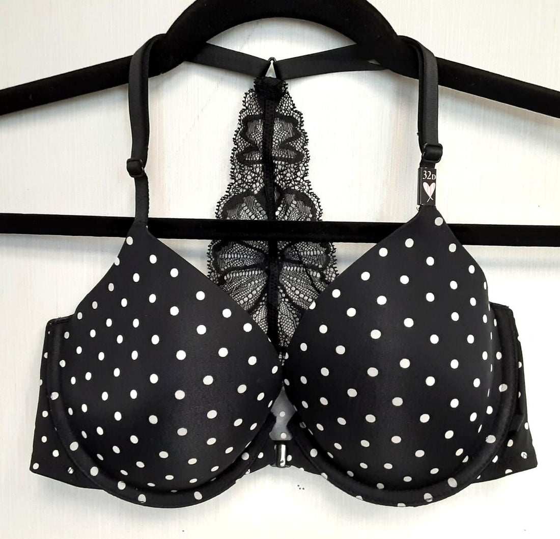 Victoria's Secret Racerback Lightly Lined demi Bra 32D Black polka dot #55/220