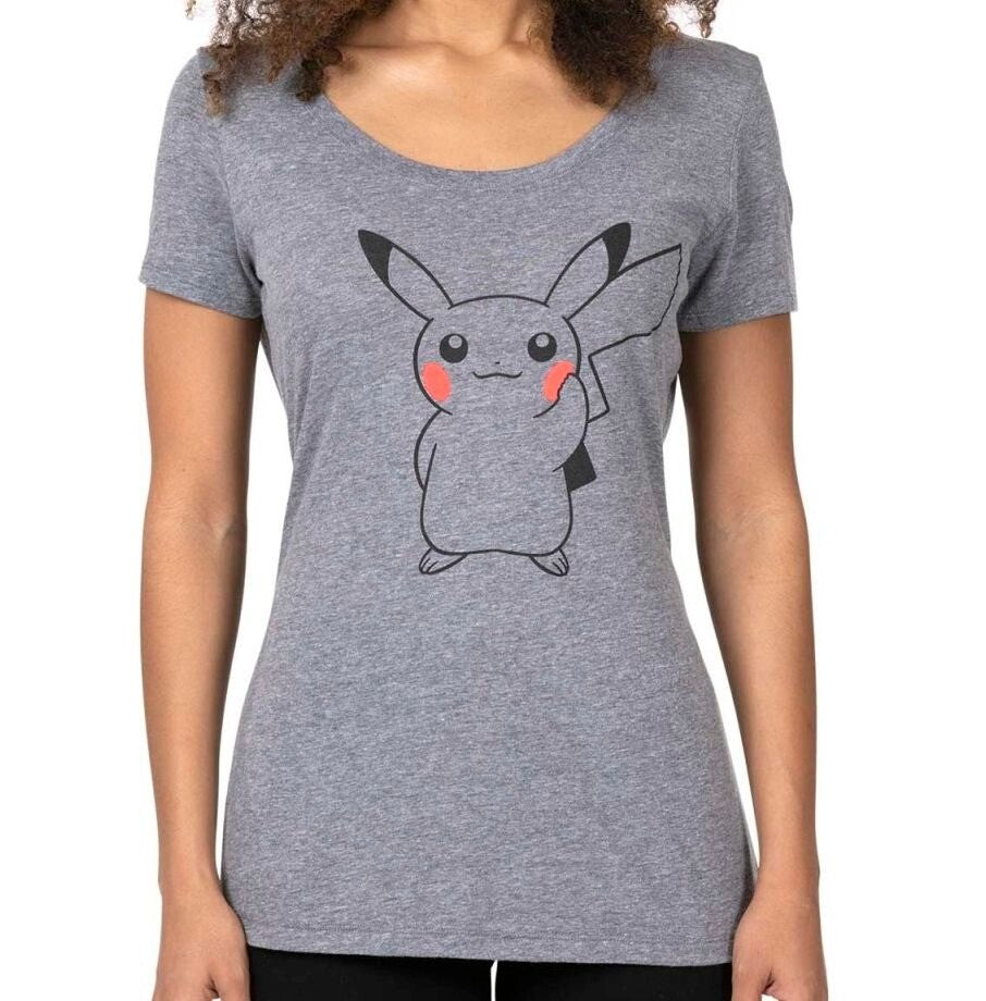 Pokemon Pikachu Holding Flower Heather Gray Fitted Scoop Neck T-Shirt XL RG7/221