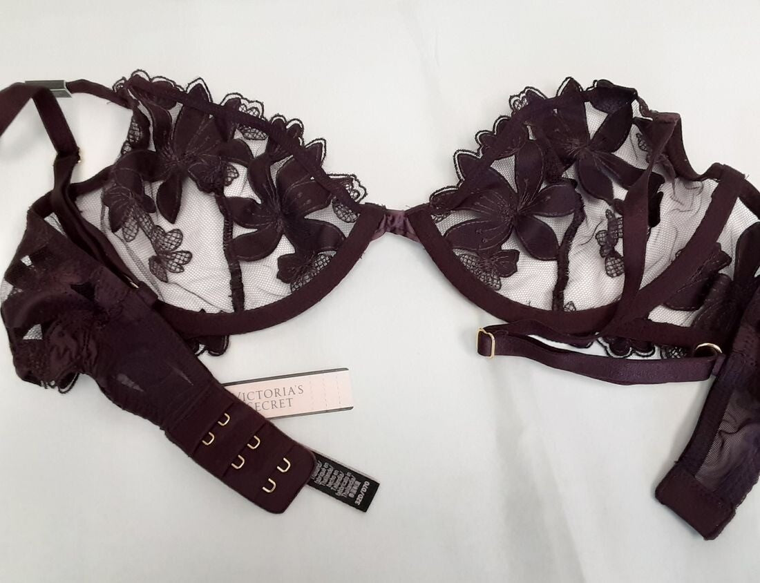 Victoria's Secret Very sexy Unlined Floral Embroidered Demi Bra 32D Plum #42/223