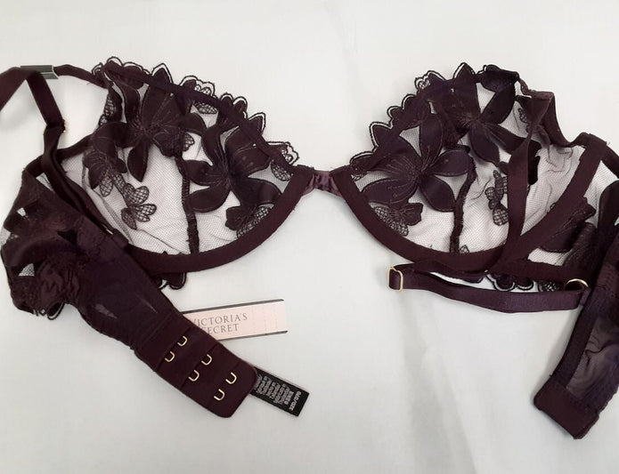 Victoria's Secret Very sexy Unlined Floral Embroidered Demi Bra 32D Plum #42/223