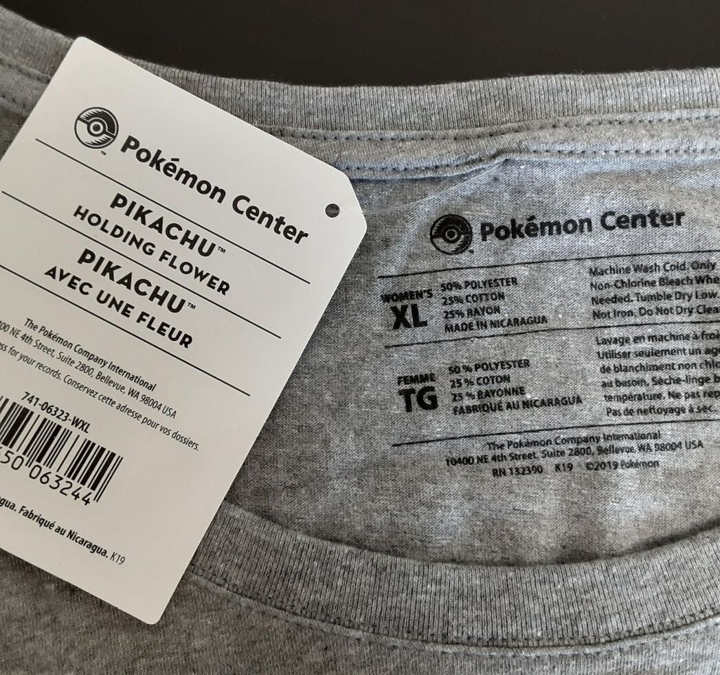 Pokemon Pikachu Holding Flower Heather Gray Fitted Scoop Neck T-Shirt XL RG7/224