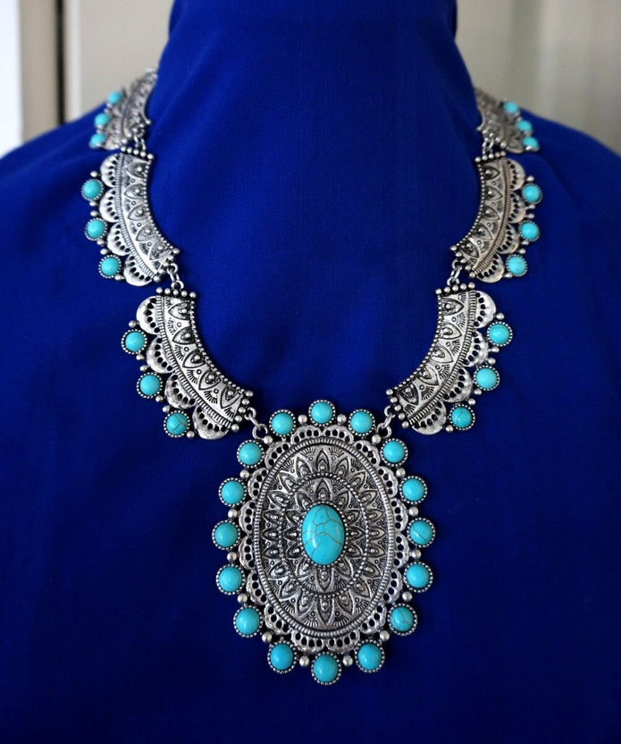SET Western Indian Silver-tone Engraved filigree Necklaces Turquoise /Nof0