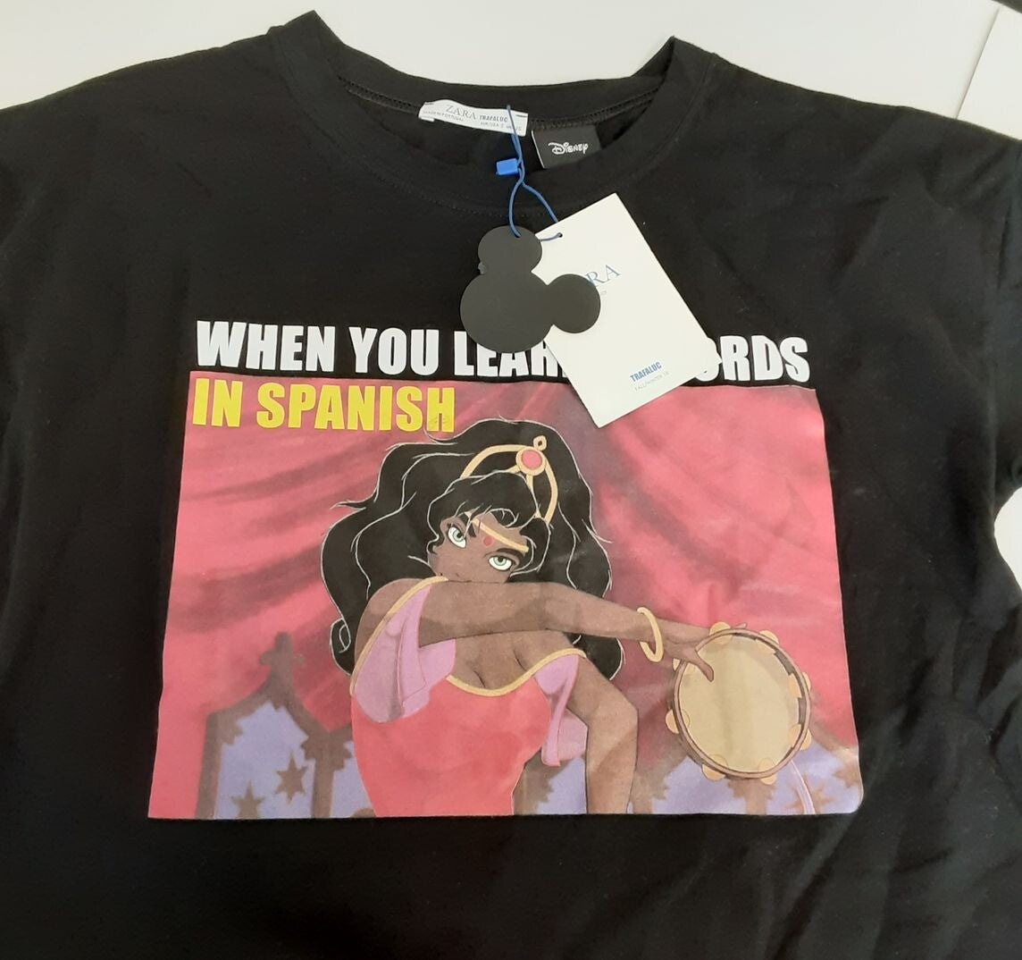 ZARA Trafaluc Disney Princess BLACK T-Shirt SMALL when you learn 3 words... RA242