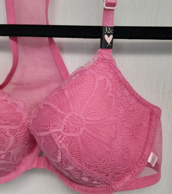 Victoria's Secret Racerback Lightly Lined demi Bra Pink lace 32C Fuschia #5/221