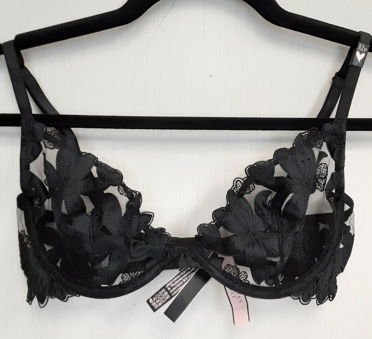 Victoria's Secret Very sexy Unlined Floral Embroidered Demi Bra 32D BLACK #41/225