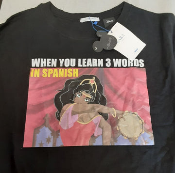 ZARA Disney Trafaluc  BLACK T-Shirt When you learn 3 words in Spanish size-L RA10