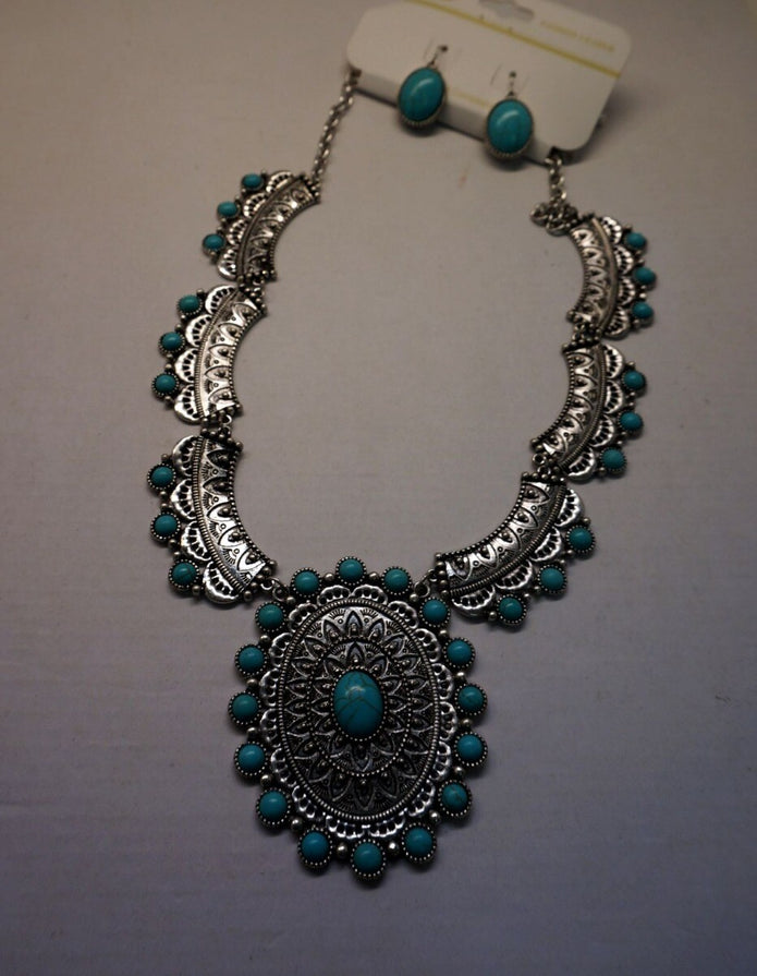 SET Western Indian Silver-tone Engraved filigree Necklaces Turquoise /Nof4