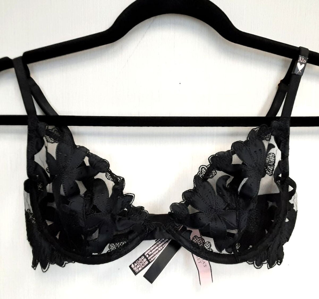 Victoria's Secret Very sexy Unlined Floral Embroidered Demi Bra 32D BLACK #41/220