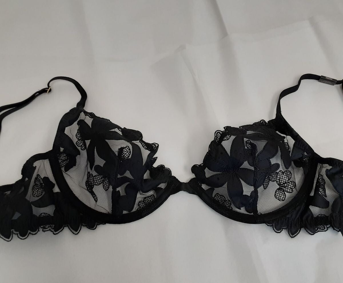 Victoria's Secret Very sexy Unlined Floral Embroidered Demi Bra 32D BLACK #41/221