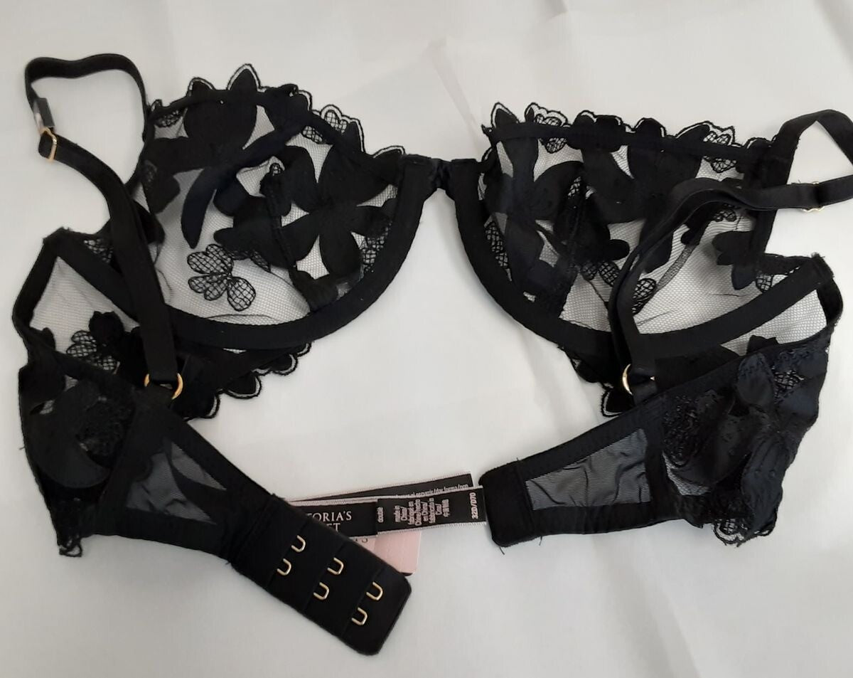 Victoria's Secret Very sexy Unlined Floral Embroidered Demi Bra 32D BLACK #41/223