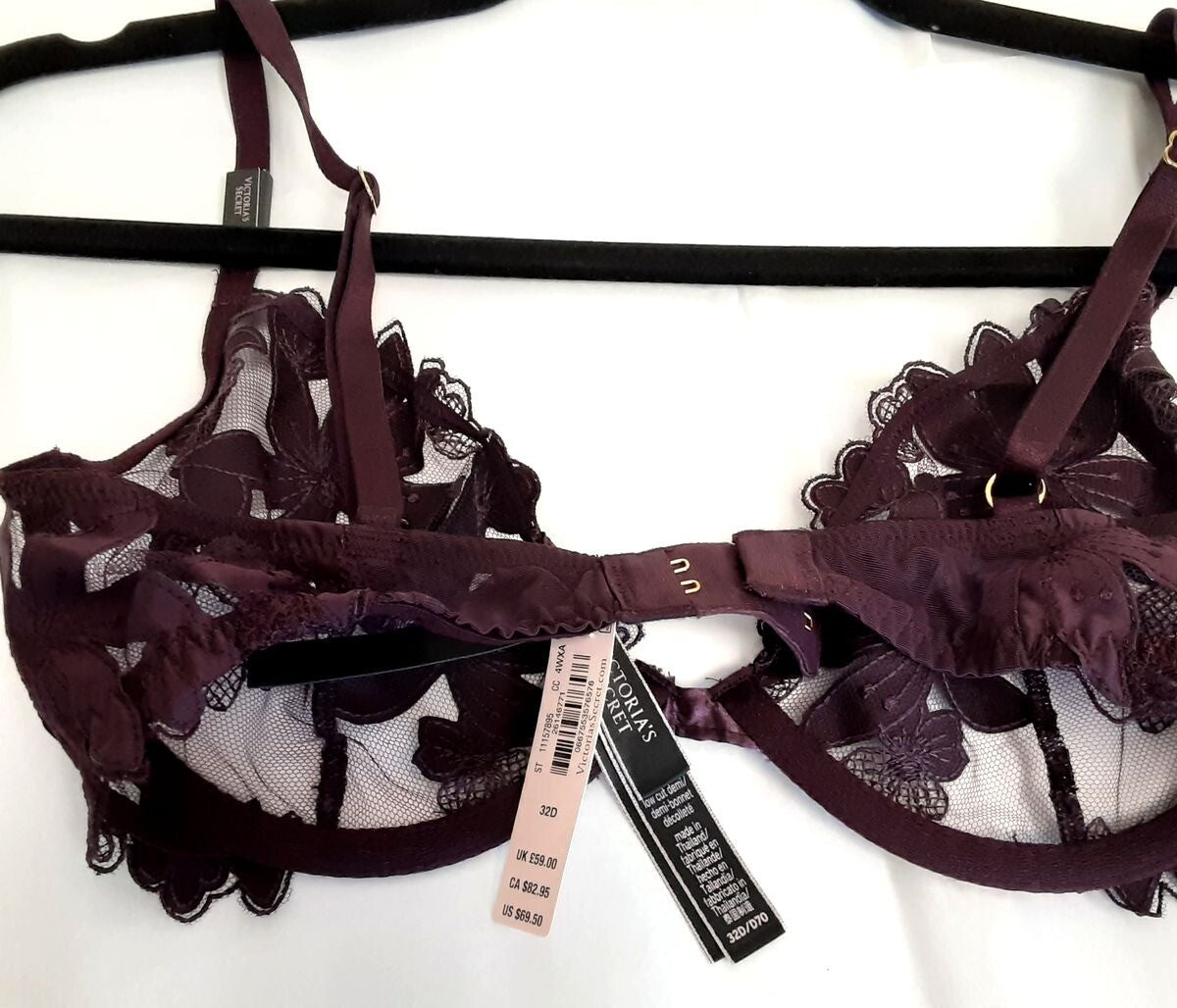 Victoria's Secret Very sexy Unlined Floral Embroidered Demi Bra 32D Plum #42/221