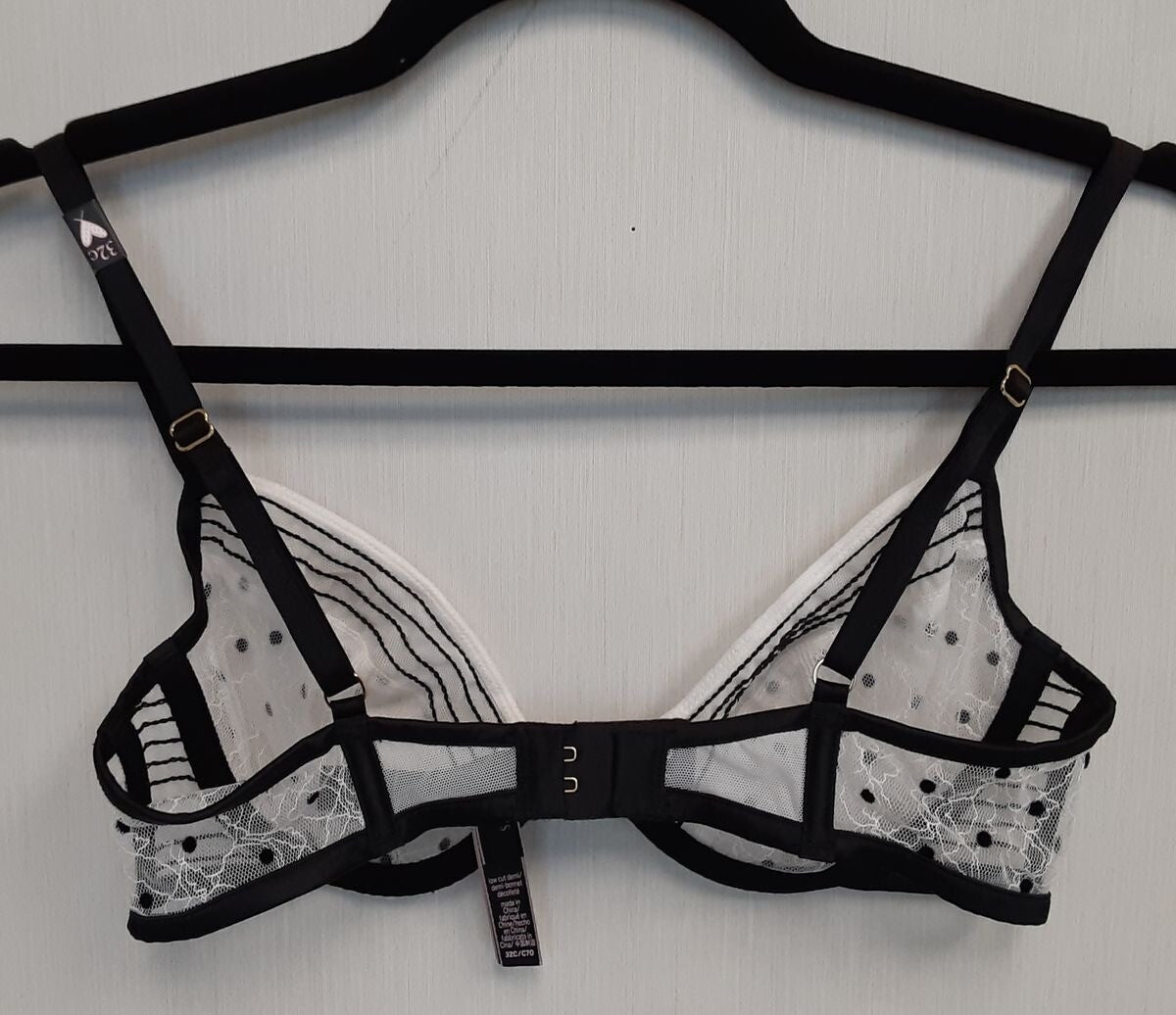 Victoria's Secret sexy Unlined low cut Demi Bra white/black polka dot 32B #92/223