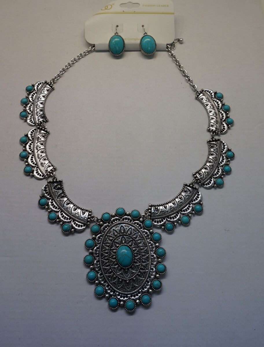 SET Western Indian Silver-tone Engraved filigree Necklaces Turquoise /Nof1