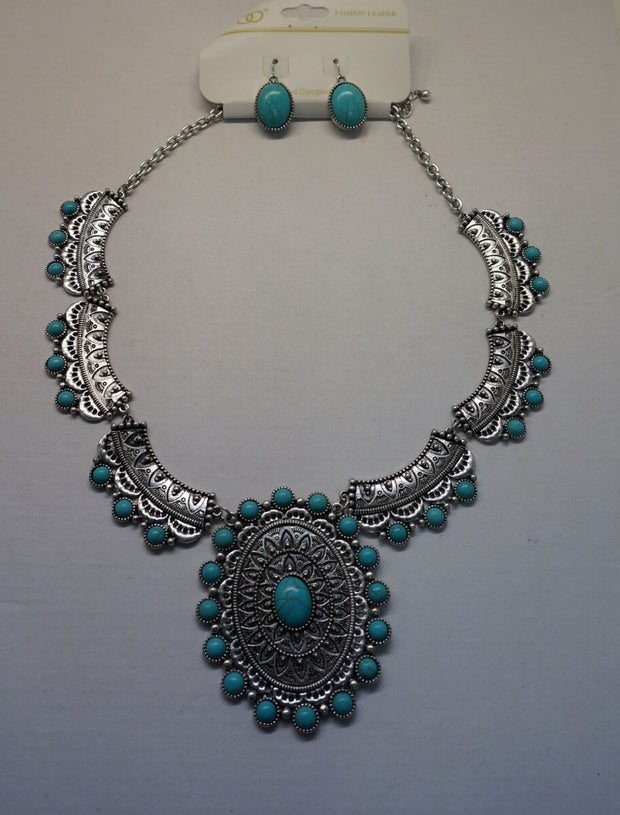 SET Western Indian Silver-tone Engraved filigree Necklaces Turquoise /Nof1