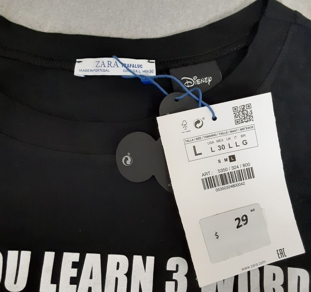 ZARA Disney Trafaluc  BLACK T-Shirt When you learn 3 words in Spanish size-L RA13