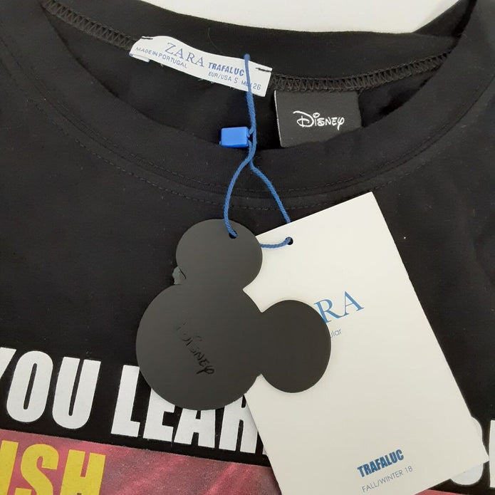 ZARA Trafaluc Disney Princess BLACK T-Shirt SMALL when you learn 3 words... RA243