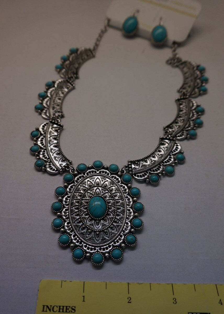 SET Western Indian Silver-tone Engraved filigree Necklaces Turquoise /Nof3