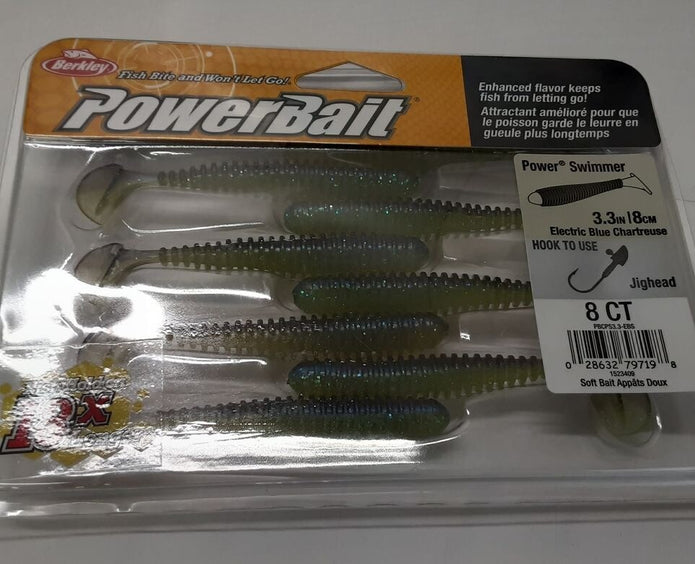 Berkley Powerbait power swimmer 3.3in/8cm electric blue chartreuse 8ct RG3/224