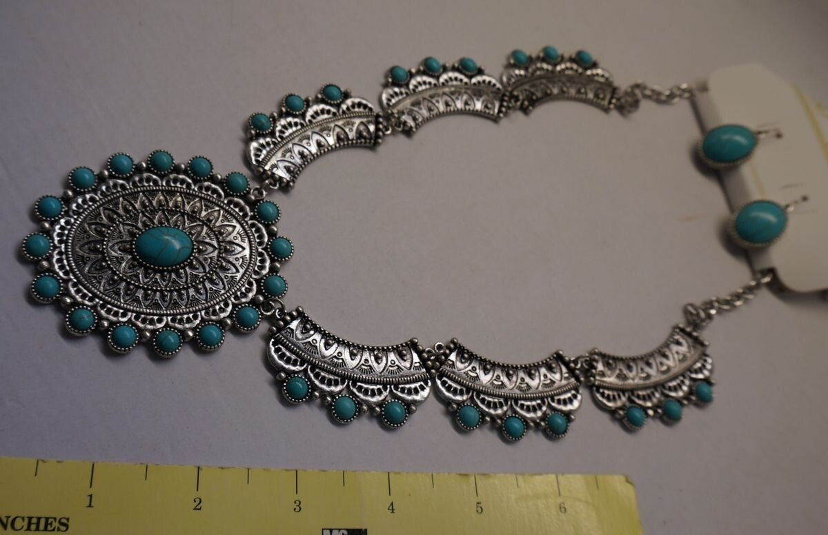SET Western Indian Silver-tone Engraved filigree Necklaces Turquoise /Nof2