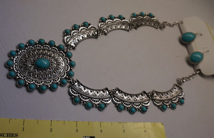 SET Western Indian Silver-tone Engraved filigree Necklaces Turquoise /Nof2