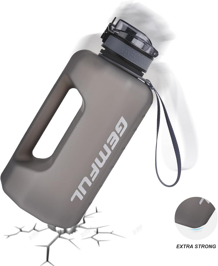 GEMFUL 2.2L/74oz Big Water Bottle with Handle & Time Markings BPA Free Leak Proof Half Gallon Plastic Sports Bottles Jug for Gym Hiking & Workouts Motivational (Grey)