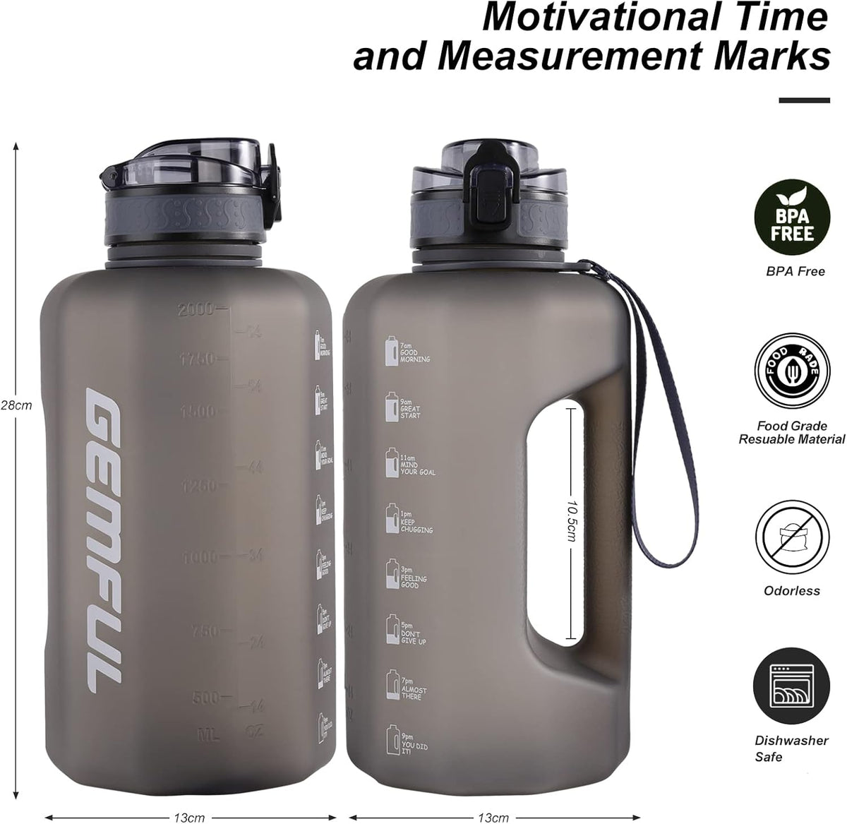 GEMFUL 2.2L/74oz Big Water Bottle with Handle & Time Markings BPA Free Leak Proof Half Gallon Plastic Sports Bottles Jug for Gym Hiking & Workouts Motivational (Grey)