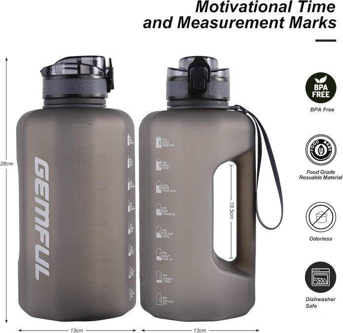 GEMFUL 2.2L/74oz Big Water Bottle with Handle & Time Markings BPA Free Leak Proof Half Gallon Plastic Sports Bottles Jug for Gym Hiking & Workouts Motivational (Grey)