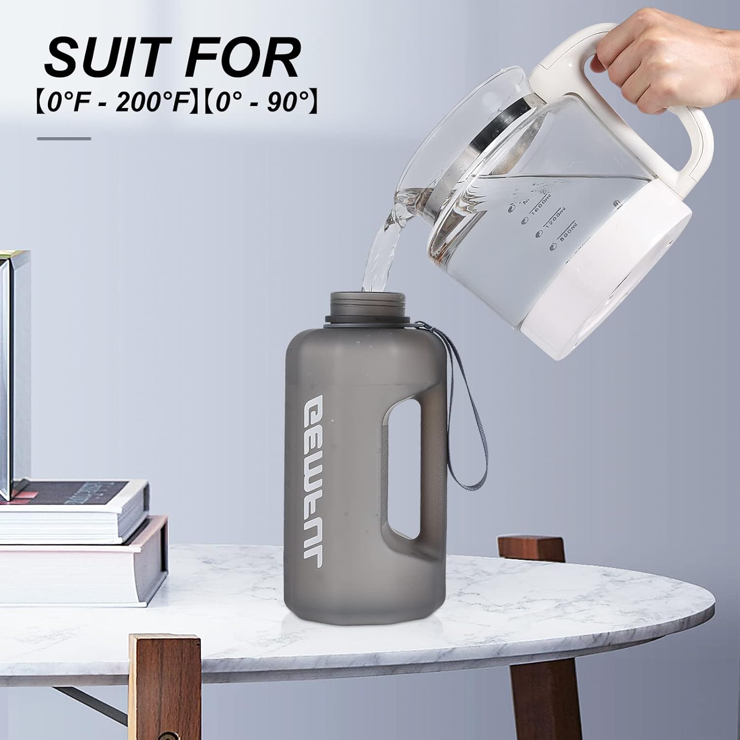 GEMFUL 2.2L/74oz Big Water Bottle with Handle & Time Markings BPA Free Leak Proof Half Gallon Plastic Sports Bottles Jug for Gym Hiking & Workouts Motivational (Grey)