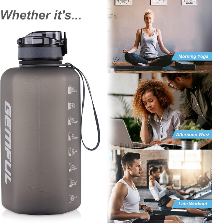 GEMFUL 2.2L/74oz Big Water Bottle with Handle & Time Markings BPA Free Leak Proof Half Gallon Plastic Sports Bottles Jug for Gym Hiking & Workouts Motivational (Grey)