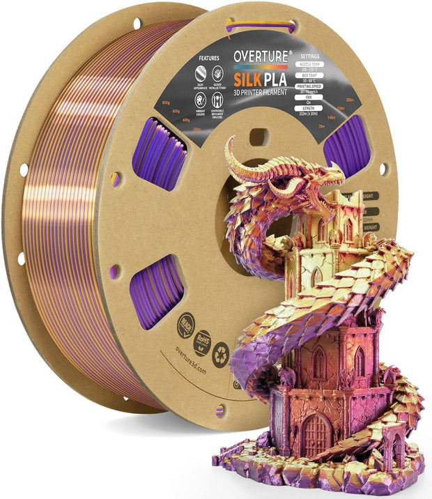 Case of 10 KG OVERTURE Silk PLA Dual Color Filament 1.75mm, Bi-Color 1kg Spool (2.2lbs) Box of 10 -Silk Purple-Gold