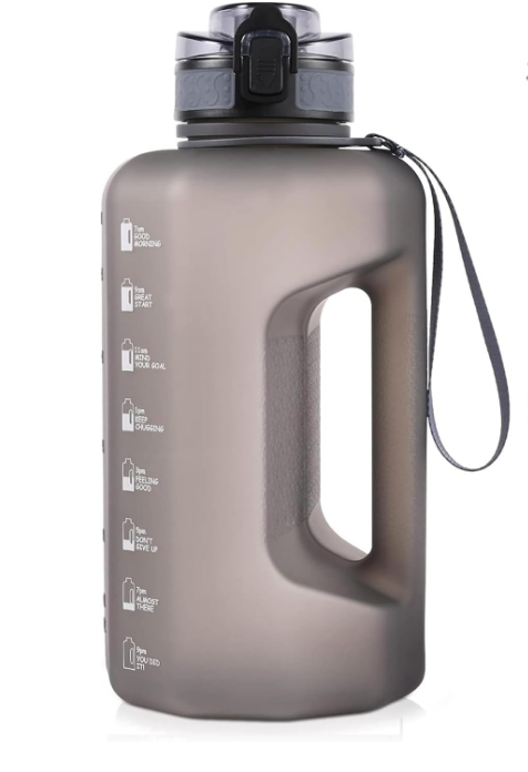 GEMFUL 2.2L/74oz Big Water Bottle with Handle & Time Markings BPA Free Leak Proof Half Gallon Plastic Sports Bottles Jug for Gym Hiking & Workouts Motivational (Grey)