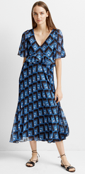 BNWT Club Monaco Gostanzah Pleated Midi Dress Blue Diamond Print Ruffle /N5/120