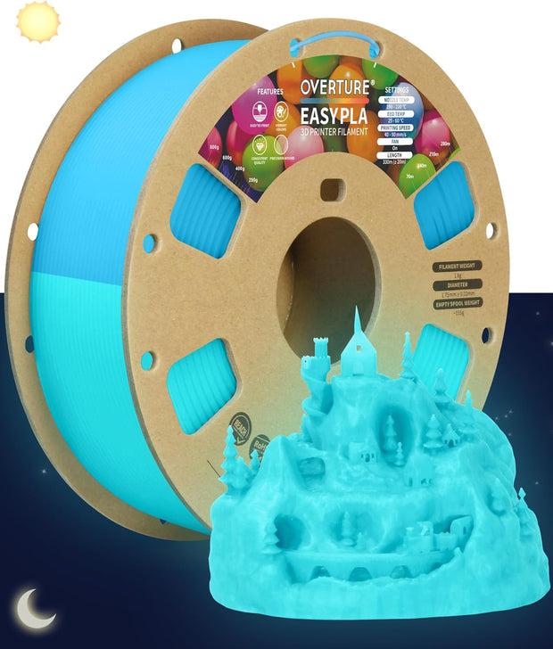 Case of 10 KG OVERTURE Easy PLA Filament 1.75mm 3D Printer Filament, Dimensional Accuracy +/- 0.02 mm, 1kg Spool (2.2lbs), Box of 10 -Glow Blue