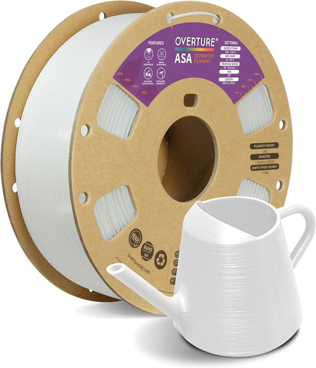 Case of 10 KG OVERTURE ASA Filament 1.75mm, 1kg Spool (2.2lbs) 3D Printer Filament Premium Anti-UV Box of 10 -ASA White)