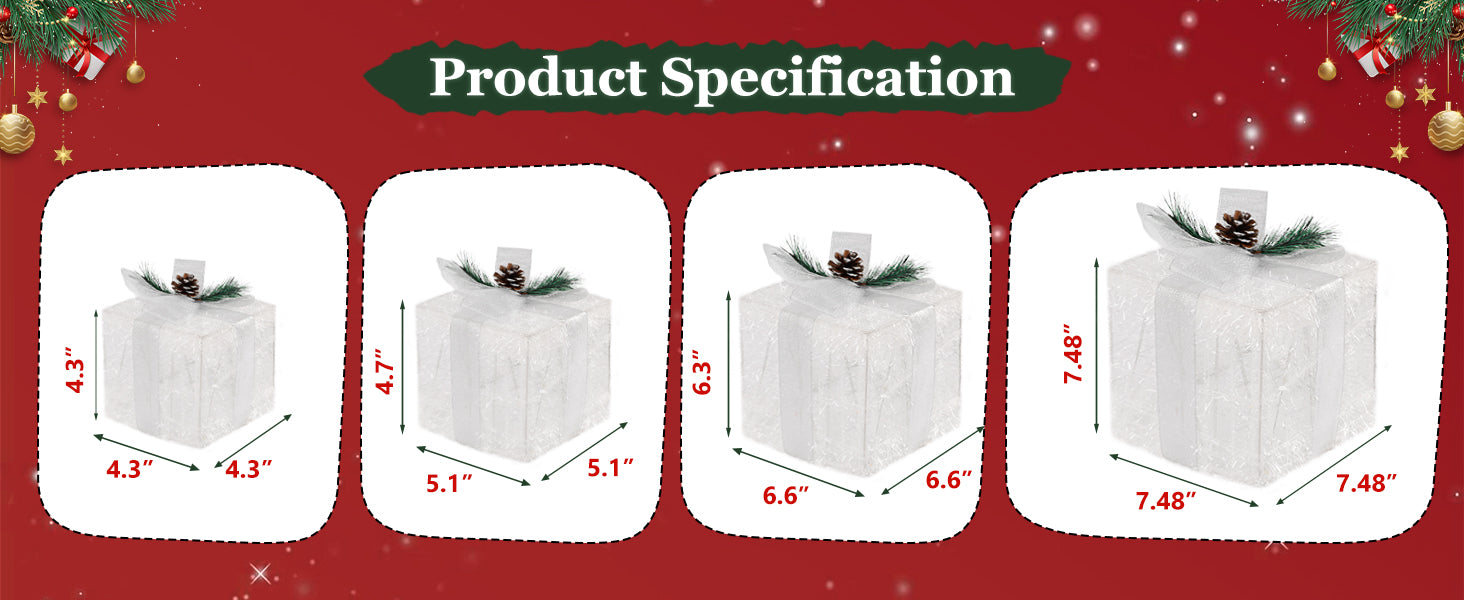 Stackable Lighted Christmas Boxes, 4Pcs Lighted Gift Boxes with Warm LED Lights