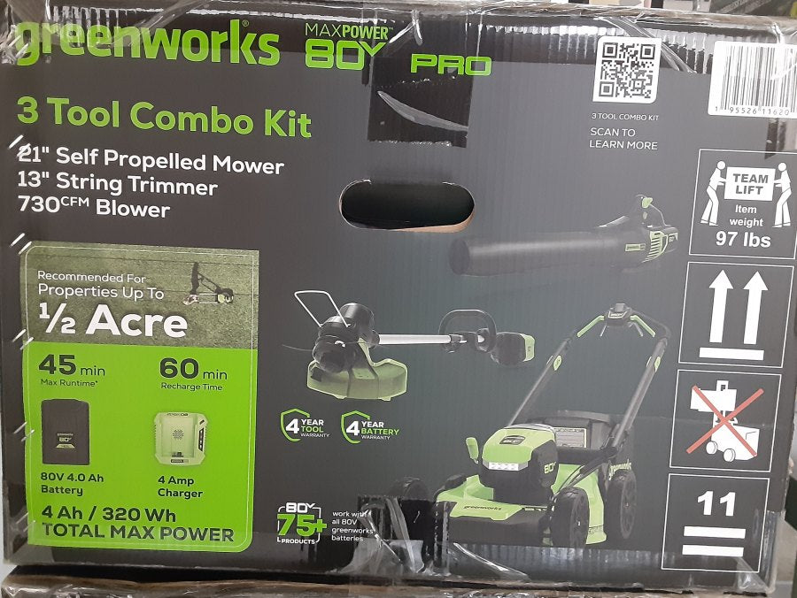 New Greenworks - 80V 21” Lawn Mower, 13” String Trimmer, and 730 Leaf Blower Combo with 4 Ah Battery & Charger) 3-piece combo - Green
