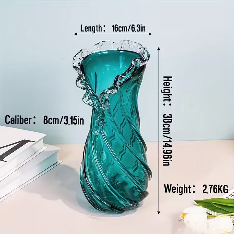 Modern Blue  Glass Vase, Wavy Lace, Home Living Room Desktop Decoration