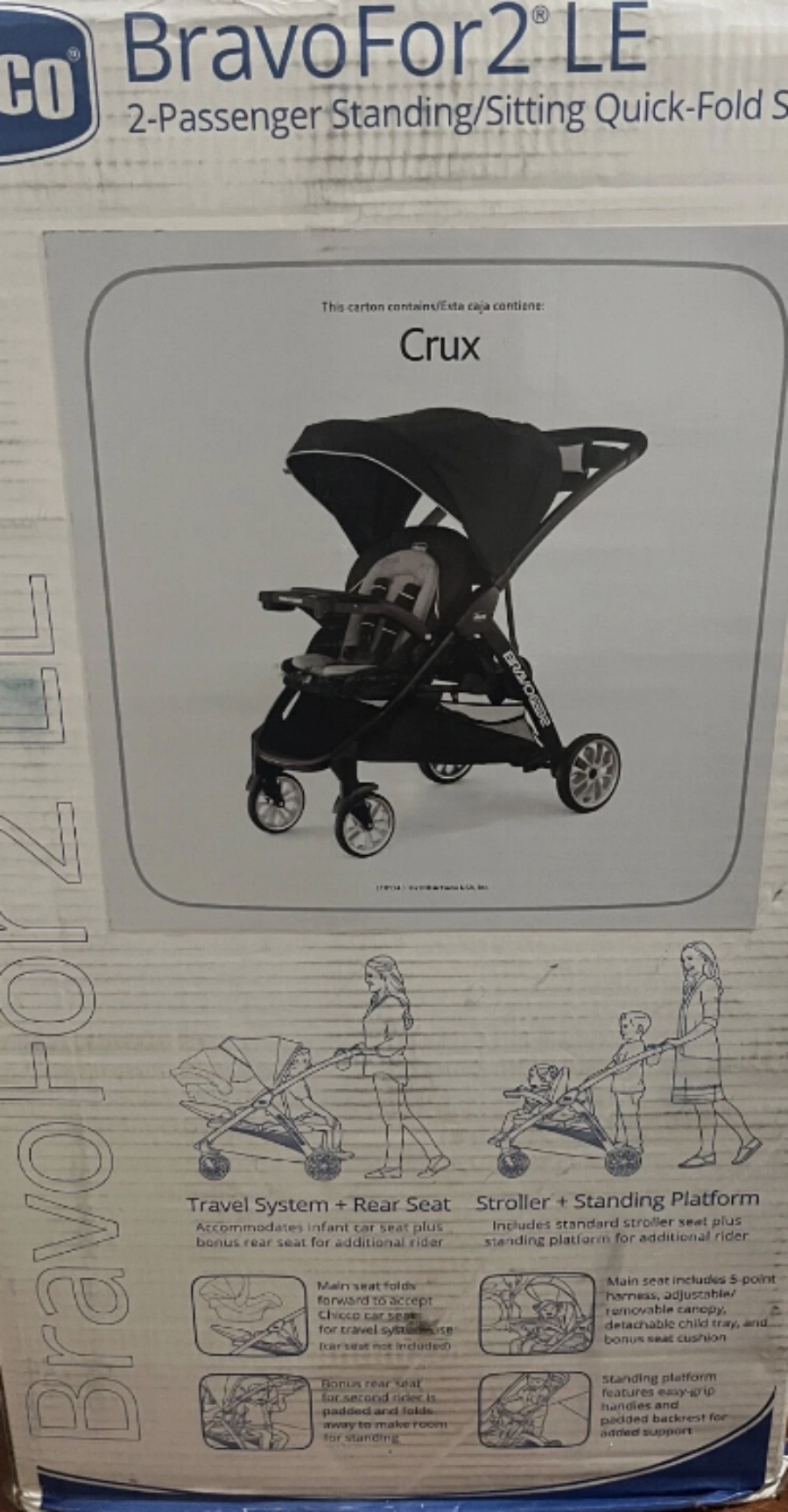 New Chicco Bravofor2 LE 2 Passenger Standing/Sitting Quick Fold Stroller/ BLACK