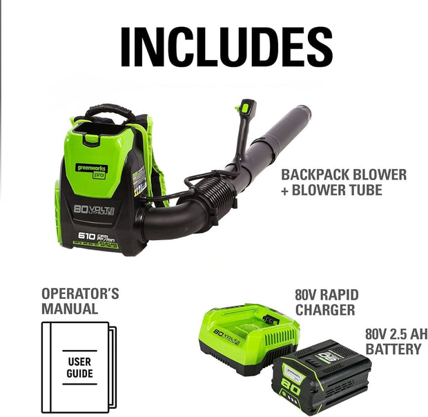 Greenworks PRO 80V 145 MPH - 580 CFM Cordless Backpack Blower, 2.5 AH Battery Included BPB80L2510