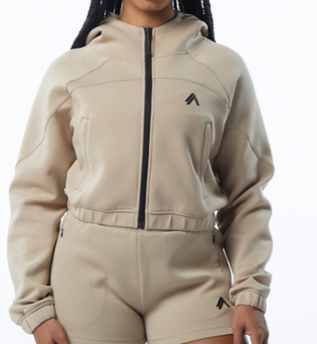 NEW Alphalete Women's ELMTS Crop Full-Zip Jacket – TAN Size XS (266251)
