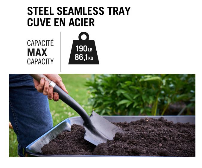 5 Cu ft Seamless Steel Tray Homeowner Grade Wheelbarrow, Pouring Lip, Hardwood Handle