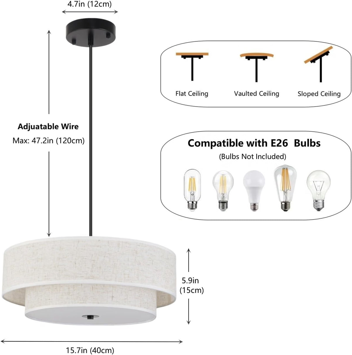 SEIHONG Modern Pendant Light, Farmhouse Vintage Chandelier Hanging Lamp Large Double Drum Fabric Pendant