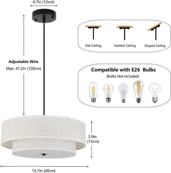 SEIHONG Modern Pendant Light, Farmhouse Vintage Chandelier Hanging Lamp Large Double Drum Fabric Pendant