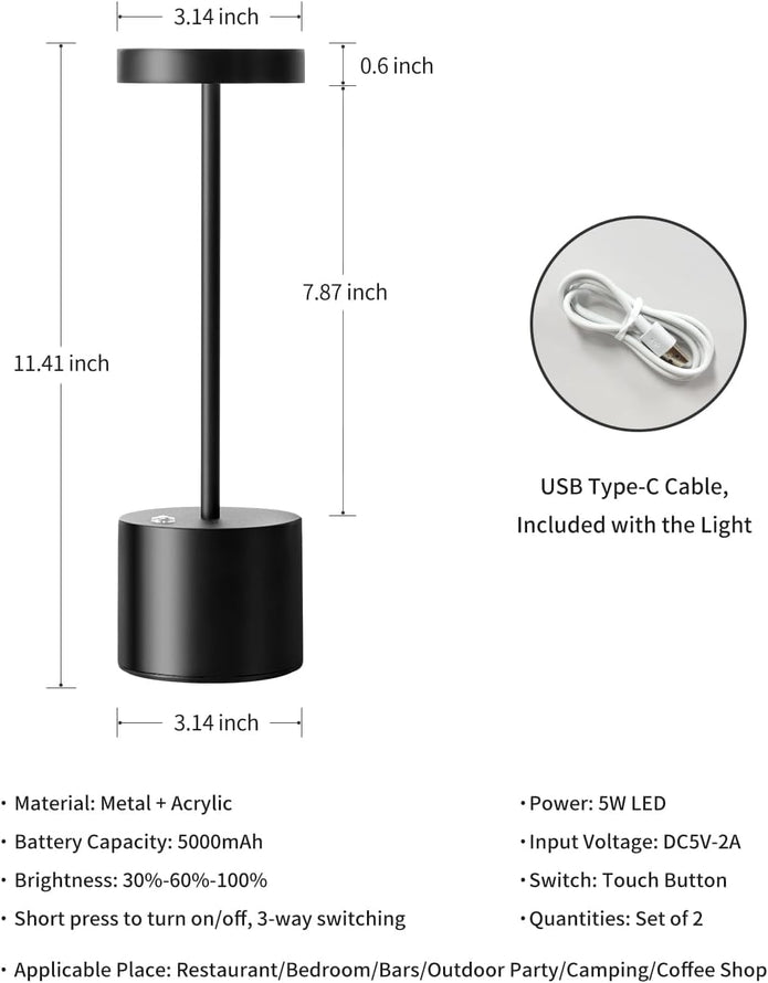 Cordless Table Lamps Rechargeable 2 Pack, 5000mAh Battery Operated LED Touch Lamps -Black /Gold