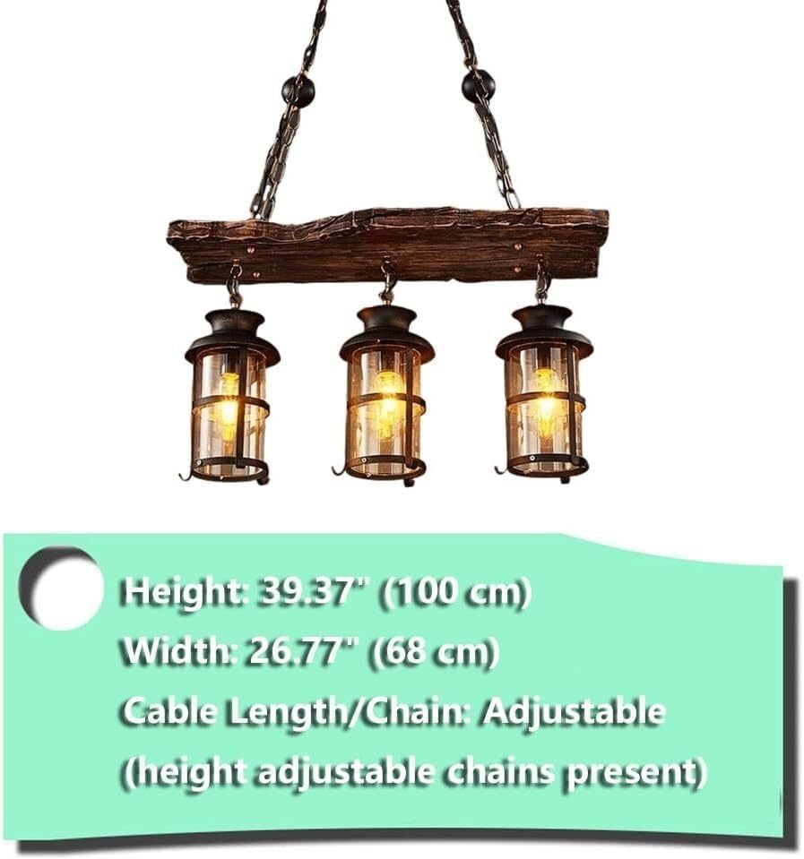 NEW Farmhouse Chandelier - Rustic Wood Beam Pendant Light with Vintage Lantern Design, 3-Light