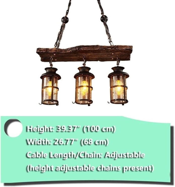 NEW Farmhouse Chandelier - Rustic Wood Beam Pendant Light with Vintage Lantern Design, 3-Light