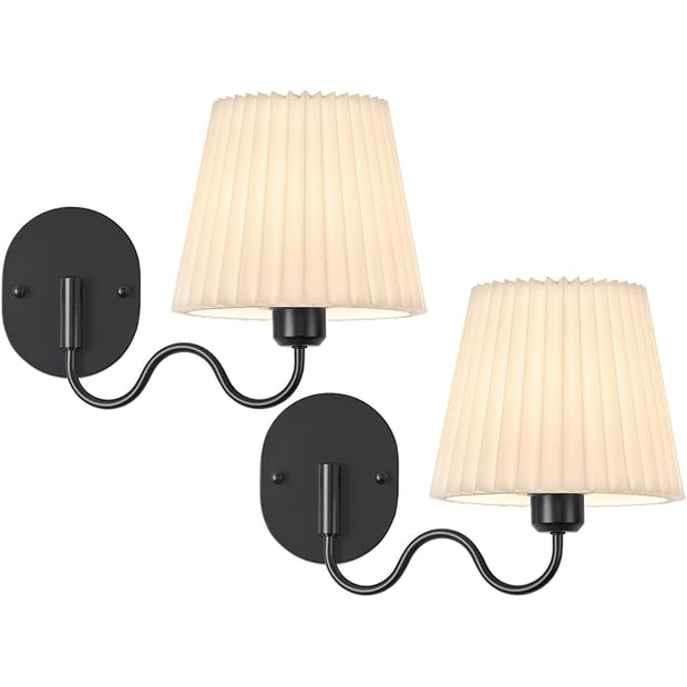 TERLEENART Black Hardwired Swing Arm Wall Sconces Sets of 2, White Pleated Fabric lampshade